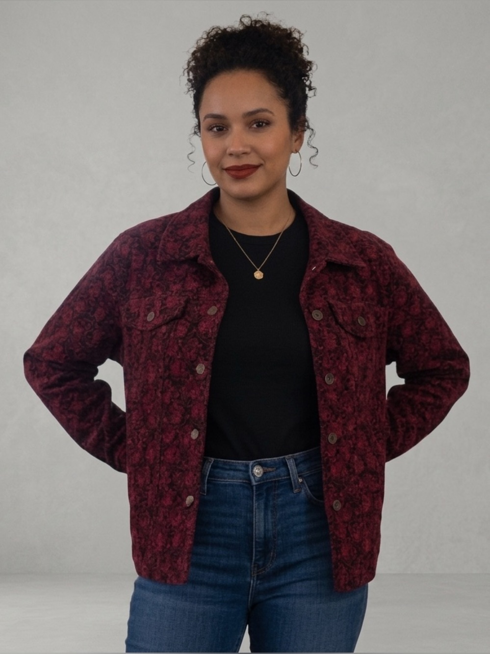 April Cornell Sz S Red Floral Corduroy Button Front Trucker Jacket